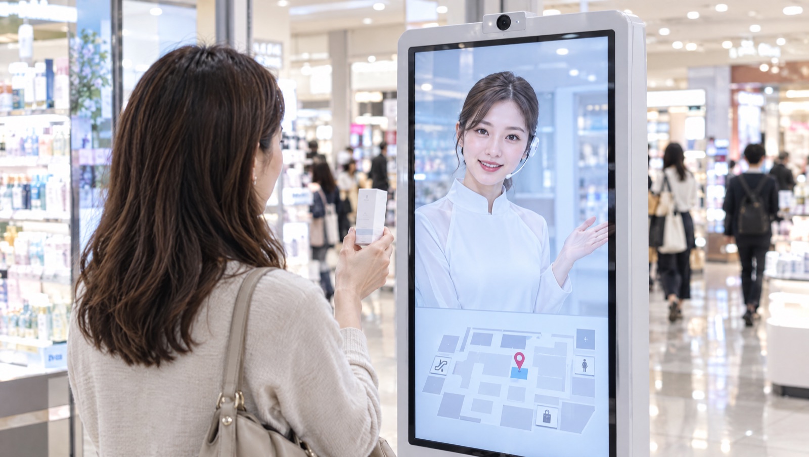 サイネージのカメラに商品をかざすと、バーチャルヒューマンが売り場を案内しているイメージ